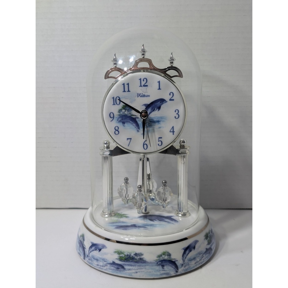 Waltham Anniversary Clock W/Dolphin Motif Porcelain Base & Dial Glass Dome MINT